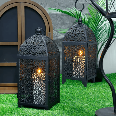 Uplift Curations Elegant Black Metal Hanging Candle Lantern Decorative Hollow Pattern Set Elegant Black Metal Hanging Candle Lantern Decorative Hollow Pattern Set