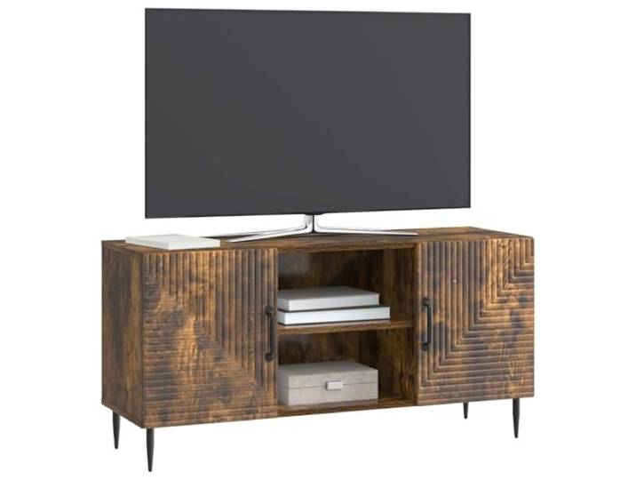 GKHPYURE TV-Schrank Eiche Rauch 102 x 34,5 x 50 cm Holz Verjüngte Metallbeine, schwarze Griffe, verstellbare Ablagen, Vintage-Stil
