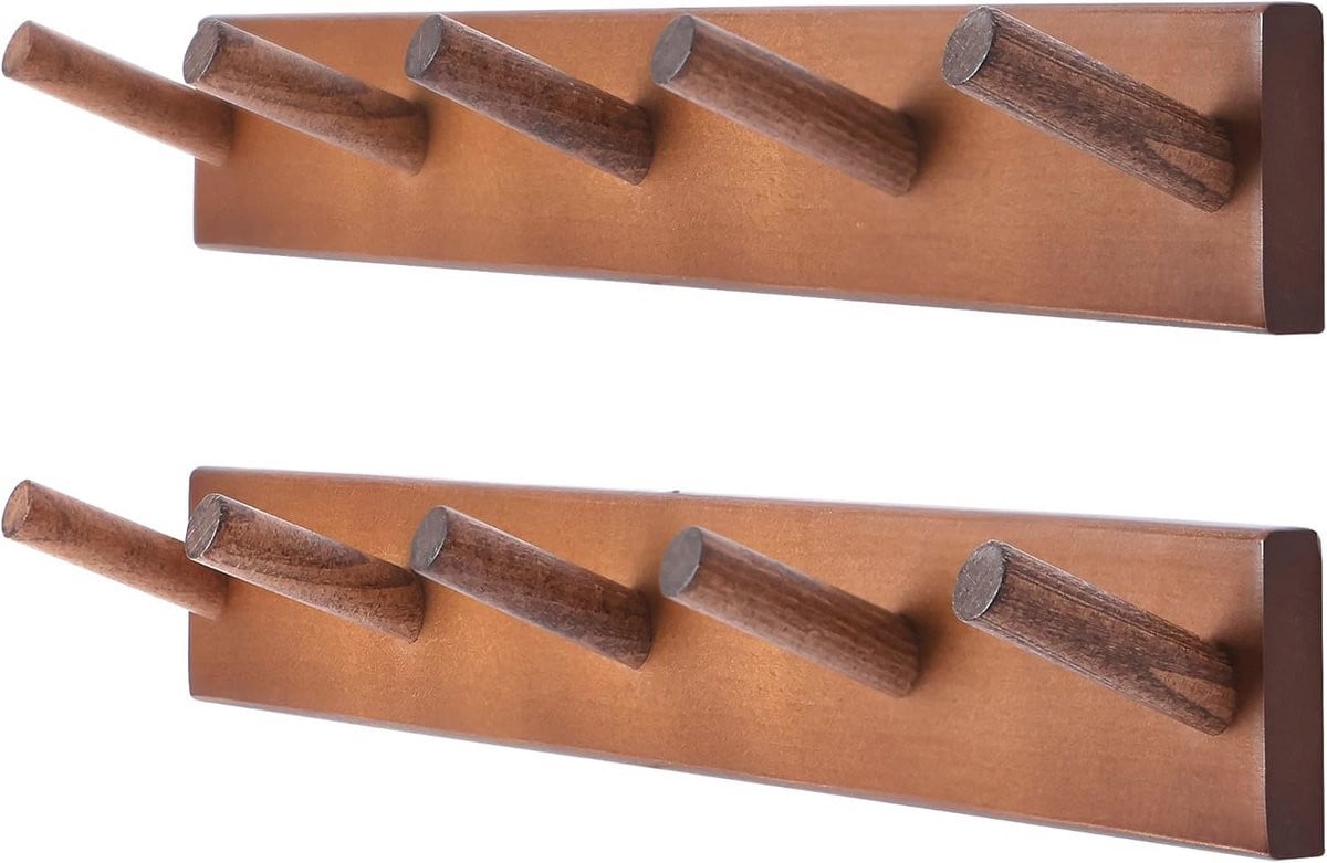 Houten wandkapstok met zware metalen haken voor kleding en accessoires