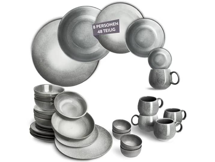 Springlane Misty Cliff Geschirr Set 48-teilig – Steinzeug Tafelservice für 8 Personen – 8x Speiseteller, 8x Suppenteller, 8x Müslischalen, 8x Dessertteller, 8x Kleine Schalen, 8x Tassen Grau