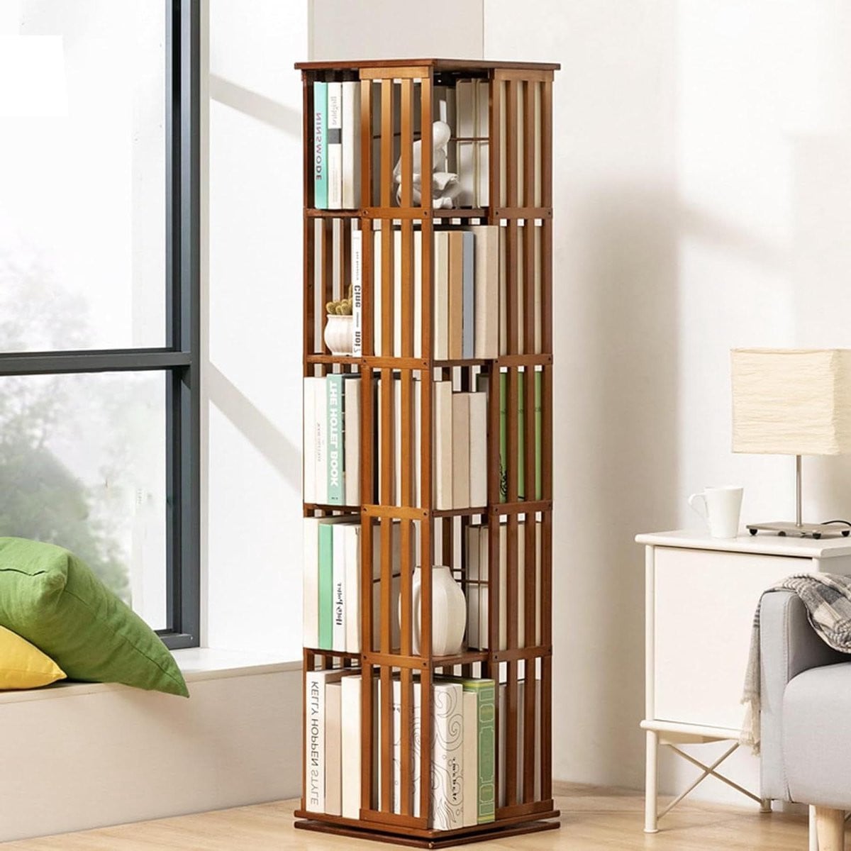 Draaibare Boekenplank Opbergtoren met 5 Lagen in Houtkleur