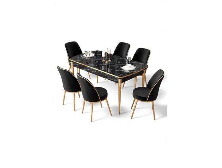 Hanah Home Extendable Dining Table & Chairs Set (7 Pieces), Black Marble & Gold, 114-144 cm 100% MDF, Metal Legs, Modern Design for Stylish Dining