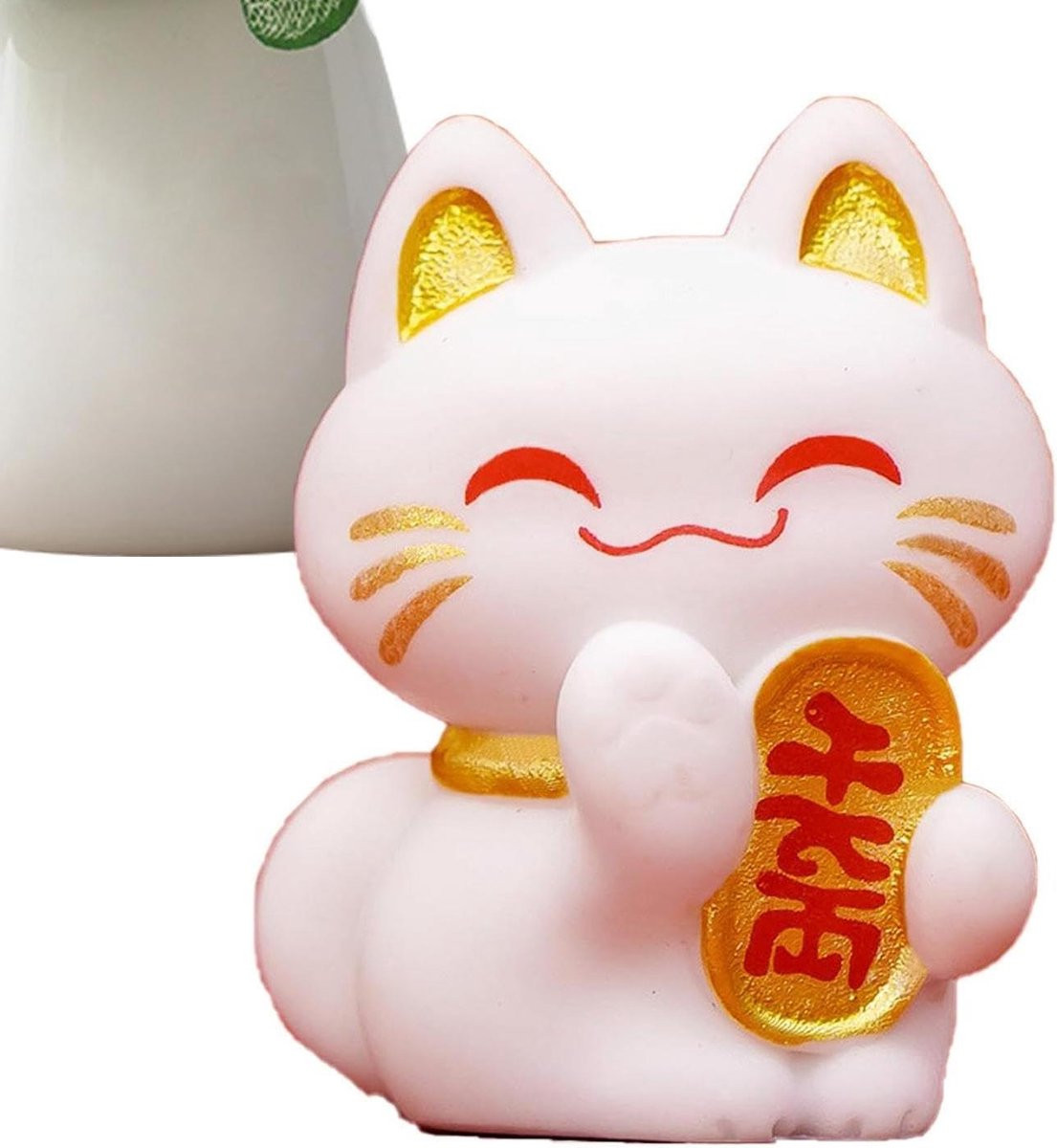 Wit Kattenbeeldje Gelukskat Decoratie met Traditioneel Japans Design, Hoogte: 3 cm