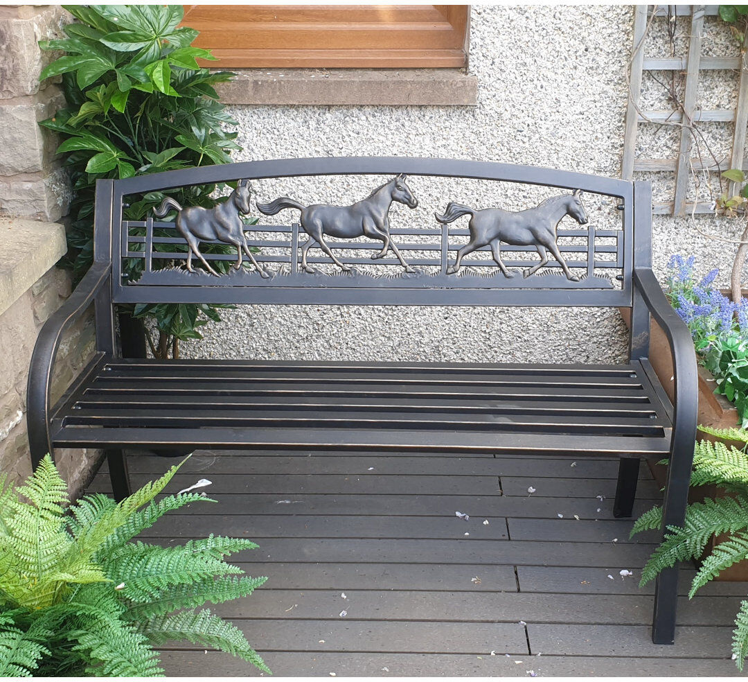 Dakota Fields Galloping Horse Metal Garden Bench Black 87cm H X 128cm W X 61cm D