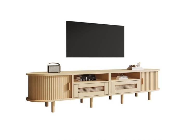 Meuble TV oval chêne clair L 170 x P 40 x H 40 cm 2 tiroirs style rotin 2 portes coulissantes