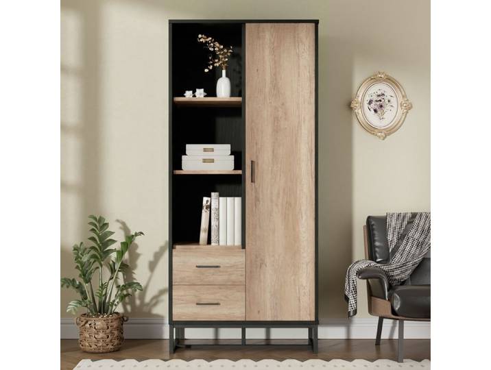 Buffet Haut Moderne Bois et Noir 80x40x180 cm Meuble de Rangement Salon Bureau