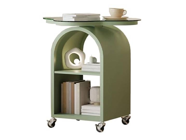 LigedamaiEU Beweglicher Glas-Beistelltisch mit Rollen, Wohnzimmer-Sofa, kreatives Aufbewahrungsregal mit geringem Gewicht(Green)