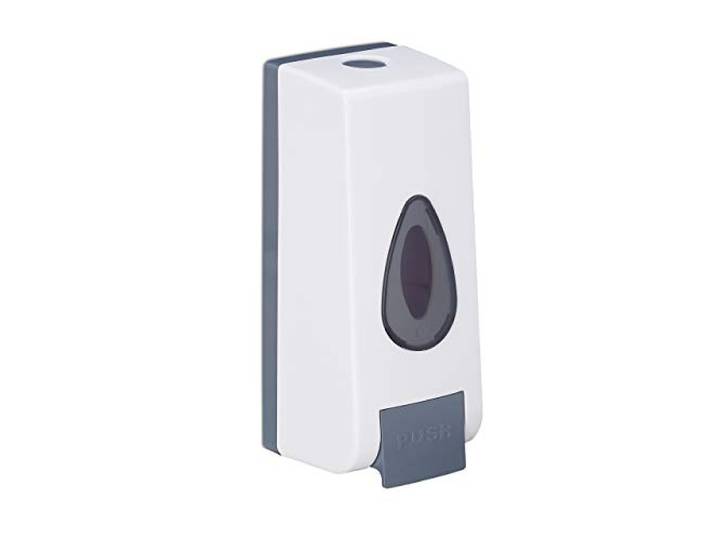 Relaxdays Distributeur de Savon Mural\, Rechargeable\, 350 ML\, Montage au Mur\, Manuel\, HLP 20 x 7\,5 x 7\,5 cm\, Blanc