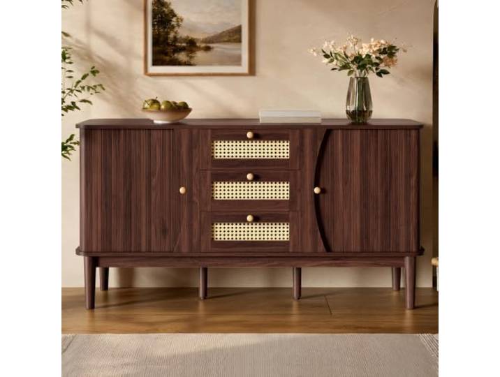 Merax Kommode mit 3 Schubladen, Modernem Sideboard mit Schiebetüren, für Esszimmer, Wohnzimmer, Schlafzimmer, 140,5L x 40B x 76H cm, Natürlich