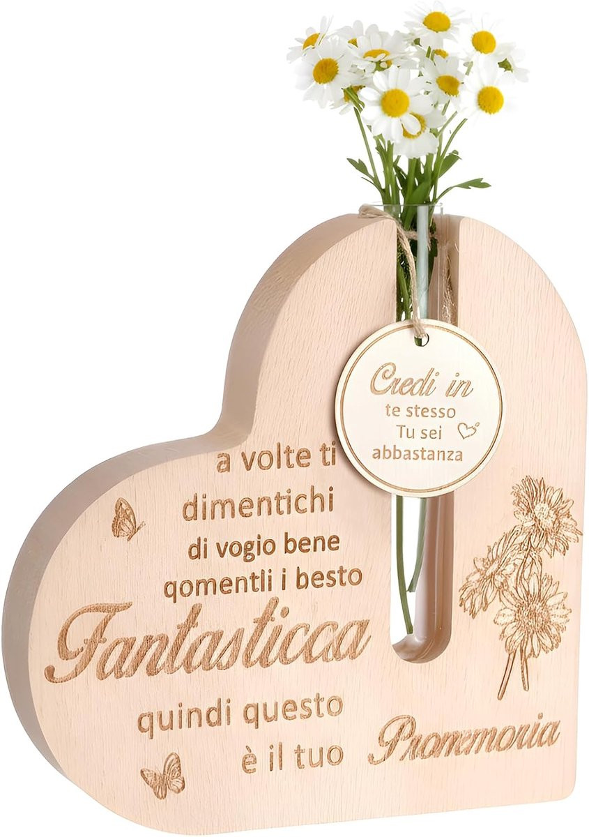 Hartvormige decoratieve vaas met motiverende tekst in houtkleur - 15 x 15 x 2,5 cm