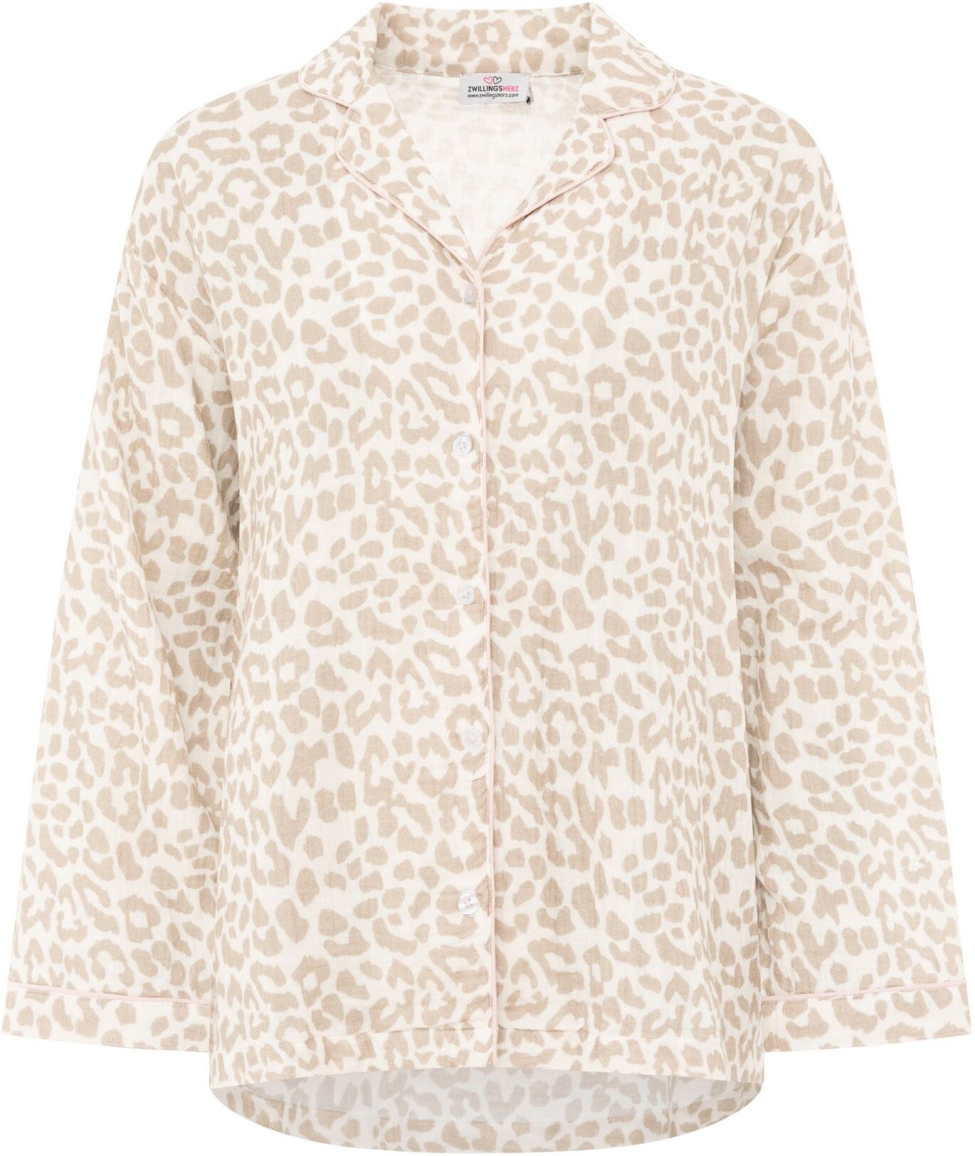 Pyjama ZWILLINGSHERZ "Classic Leo", Damen, Gr. L/XL, beige, Web, Obermaterial: 100% Viskose, gemustert, bequem lang, V-Ausschnitt, Homewear-Sets Pyjama, Leo-Muster, Oberteil mit Knöpfen, Hose mit elastischem Bund beige L/XL