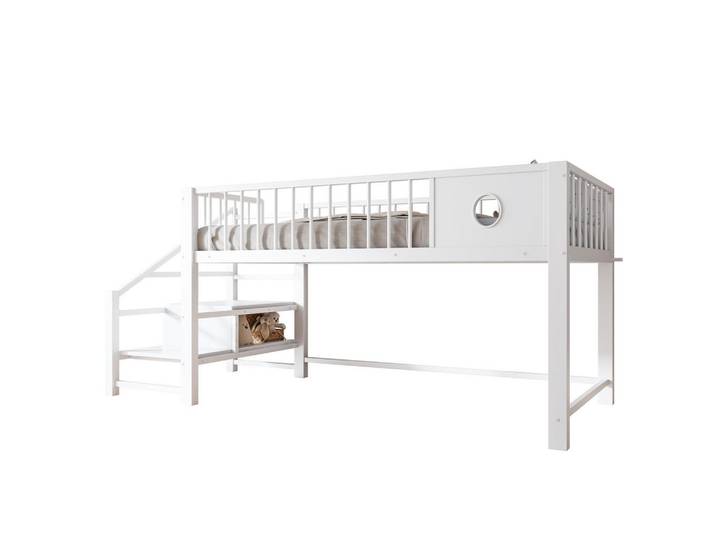 Modenvie Hochbett 90/200 cm aus Metall/MDF mit Stauraumleiter Weiß, 90x200 cm, Babymöbel & Kindermöbel, Kinderzimmer & Jugendzimmer, Kinderbetten, Hochbetten