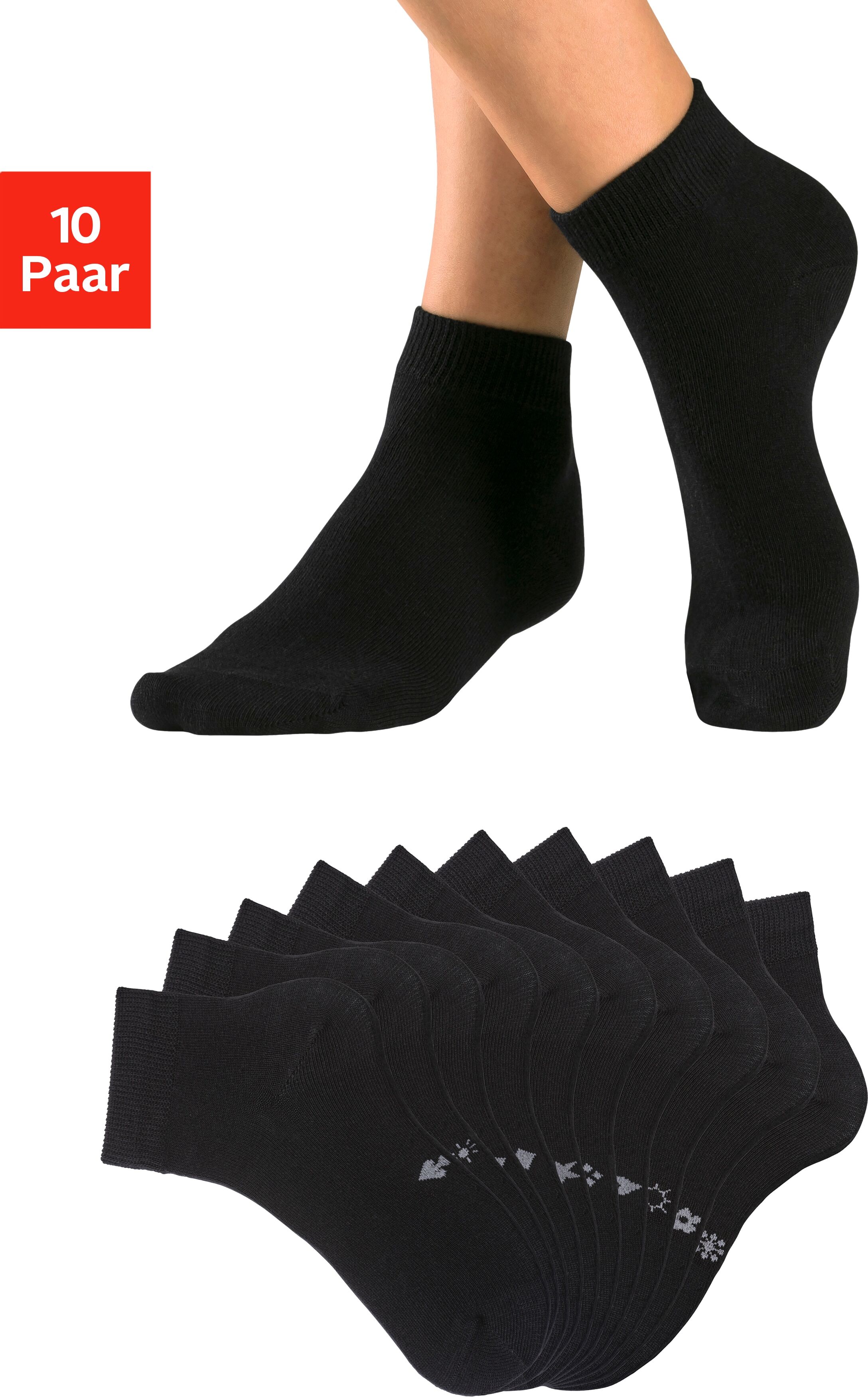 Kurzsocken H.I.S "Damen Herren Kurzschaft Socken", Herren, Gr. 43-46, Sockengrösse, schwarz (10x schwarz), Baumwolle, Baumwollmischung, Elasthan, Polyamid, unifarben, elastisch, Socken Kurzsocken, mit eingestrickten Symbolen, leicht zum sortieren 10x schw