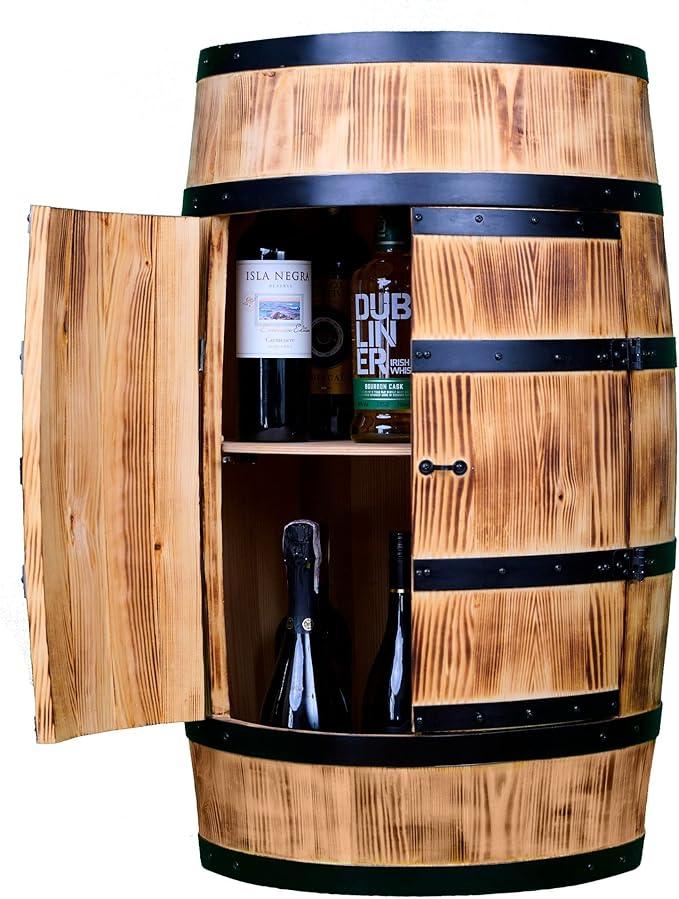 Weinfass Stehtisch mit Tür - Alkoholschrank Flaschenregal Holz - Holzfass - Fassmöbel - Nadelbaumholz - Wineregal - Weinbar - Fass bar mit Tür - Fassbar 80Cm (Sonnenverbranntes)