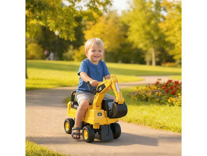 HOMCOM Tractopelle enfant sous licence CAT, porteur enfant, pelle manuelle, klaxon et rangement caché, 85x27,5x47,5cm, jaune