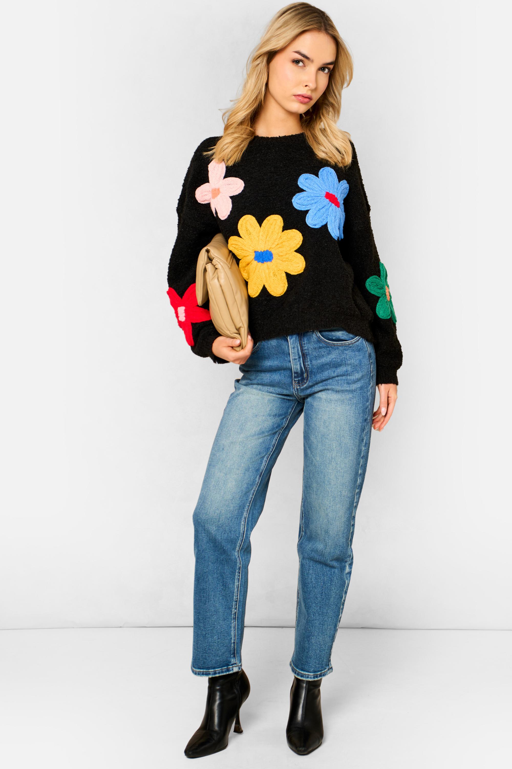 Schwarzer, gehäkelter 3D-Blumenpullover