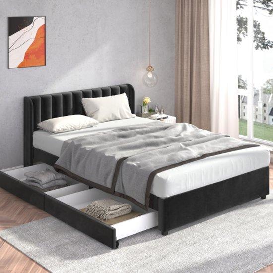Fluweelbed 160 x 200 cm met lattenbodem, zwart, 2 laden, gestoffeerd
