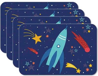 FirstDawn Space Flight Child 4 Pack Reversible Easy Care Flexible Plastic Placemats Made in The USA BPA Free Easily Wipes Clean
