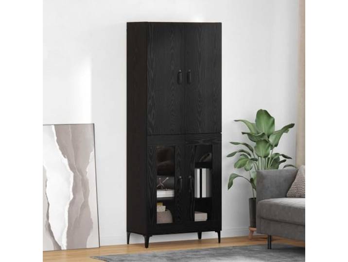 RJPLMFV Oberer Schrank Eiche Schwarz 69,5 x 34 x 180 cm Holz Wandmontage, mehrere Regale, konische Metallbeine, hitzebeständig, für Wohnzimmer