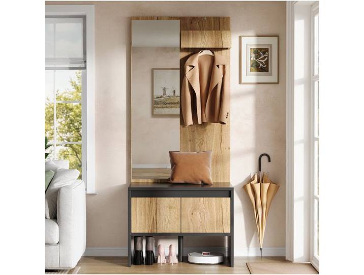 ROVRYN Meuble d'entrée avec portemanteau miroir banc à chaussures et 2 tiroirs noir et naturel 60 x 38 x 145 cm
