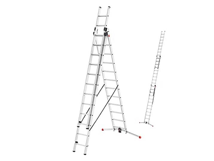 Hailo S100 ProfiLOT 3-teilige Alu-Kombileiter mit Lot-System - gleicht Unebenheiten aus - 3 x 12 profilierte Sprossen belastbar bis 150 kg - Aluleiter Made in Germany - Leiter rostfrei - Silber