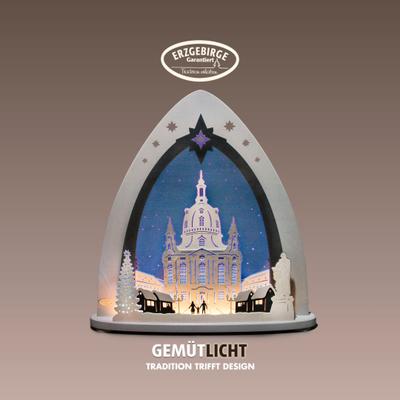 Lichterbogen WEIGLA "Dresdner Frauenkirche, LED Spitze aus Holz & Acrylglas,Made in Germany", grau (grau, blau), H:53cm T:9cm, Massivholz, Schwibbögen, Erzgebirge garantiert, Weihnachtsdeko Innen, Weihnachtsbeleuchtung