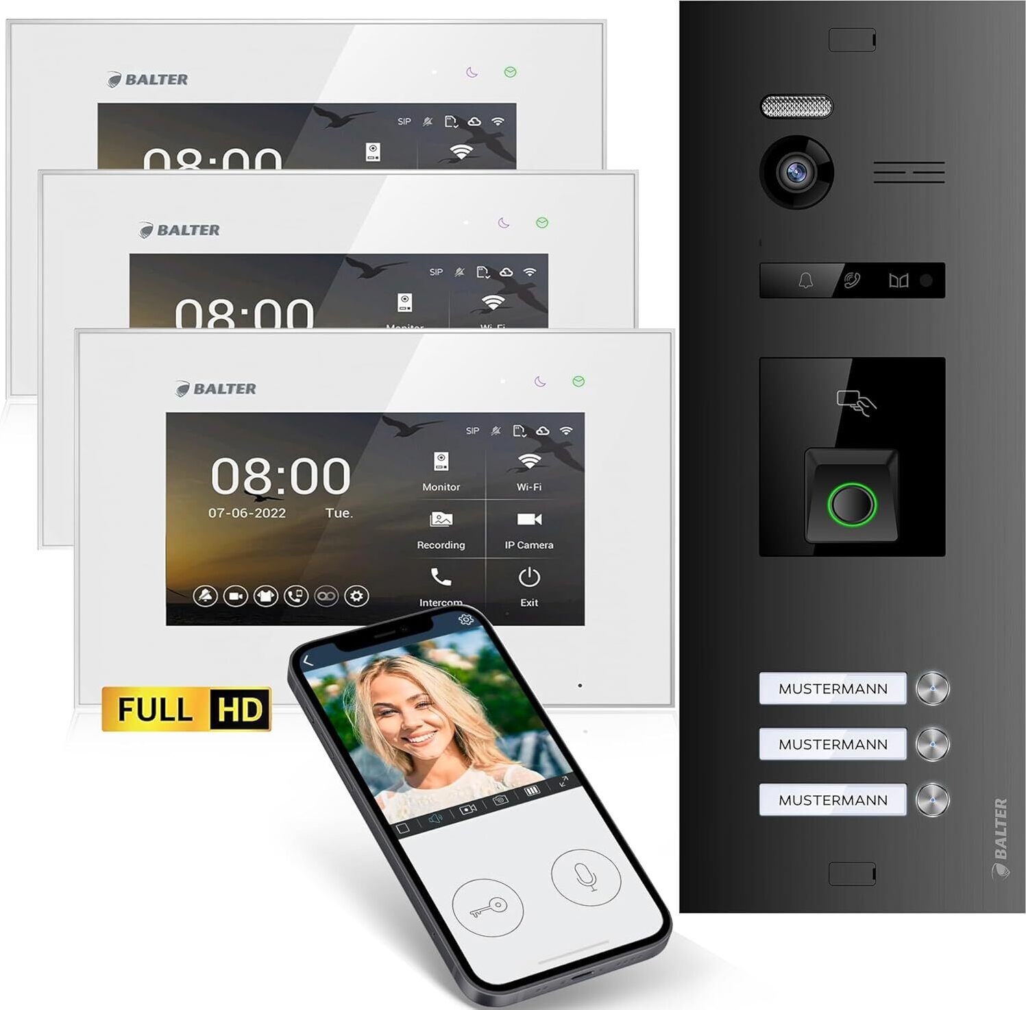 HD Video Türsprechanlage mit Fingerprint RFID und Smartphone App für 3 Familienhaus, 3x Monitore, Balter EVO HD Fingerprint