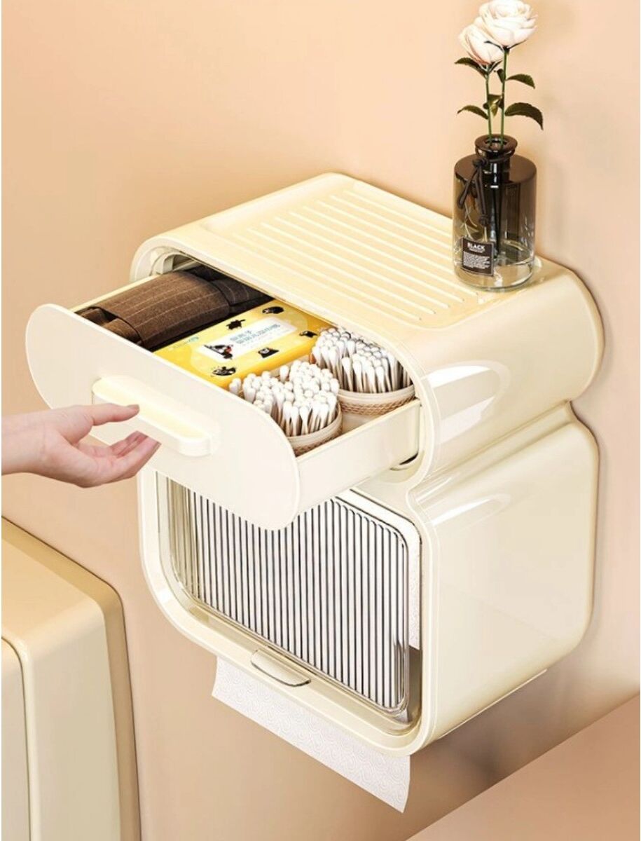 INF Leichter Luxus Doppellagige Taschentuchbox – Bohrfreie Montage mit verborgenem Schubfach, abnehmbarem Rollenhalter und Beige