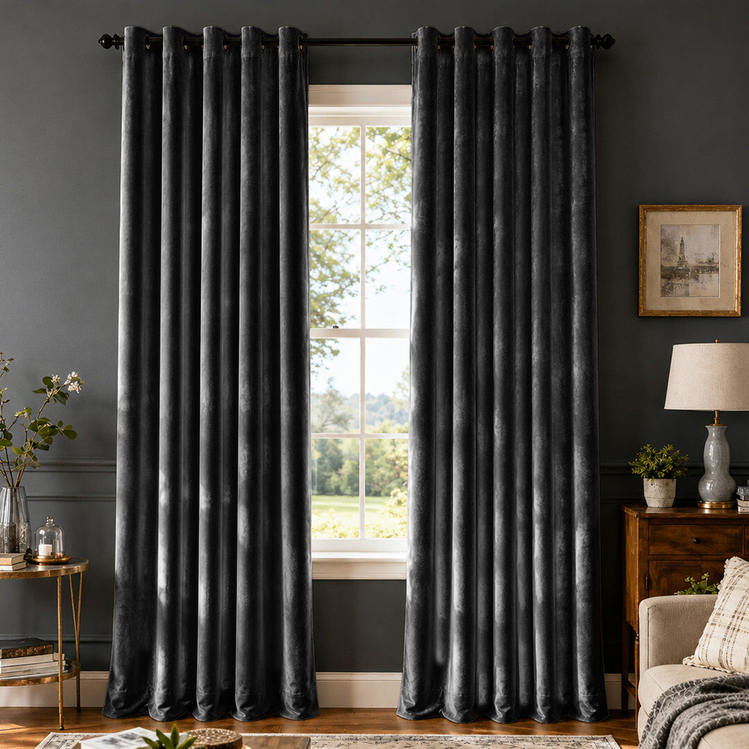 Canora Grey Crushed Velvet Eyelet Window Curtains Charcoal 228cm Width x 168cm Drop