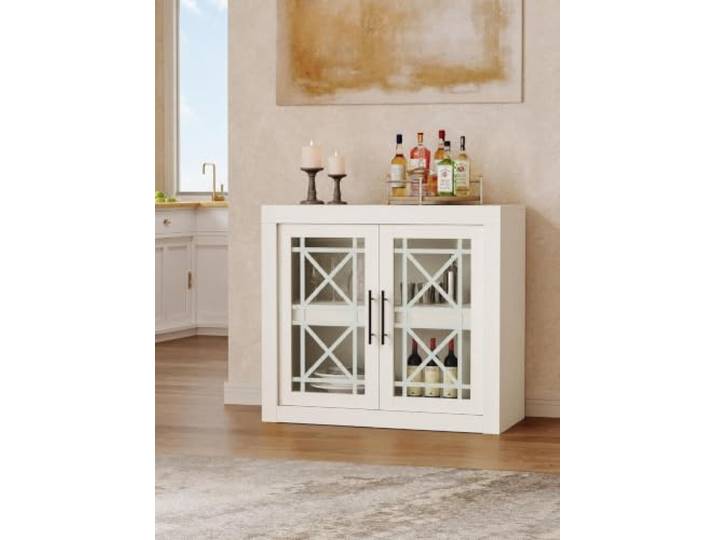 GarveeHome Modernes Sideboard mit 2 Seidendruck-Glastüren, verstellbaren Böden & Holzoptik – Buffetschrank für Esszimmer, Wohnzimmer & Flur – Farbe: Su Xiangtong