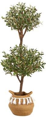 Nearly Natural 4.5' Artificial Olive Double Topiary 5' Artificial Bougainvillea Tree with Cotton Basket