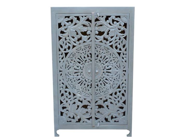 OTTO home Stauraumschrank Kenmare Highboard, 2 Türen mit dekorativen Schnitzereien und 3 Fächer aus massiven Mangoholz, mit dekorative Schnitzereien, Handgefertigt