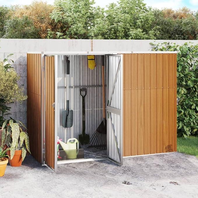 Gerätehaus Geräteschuppen Gartenhaus Metall Schuppen Gartenschuppen mit Schrägdach Garten Schuppen Gartenschrank mit Stauraum Verzinkter Stahl Braun 225x89x161 cm