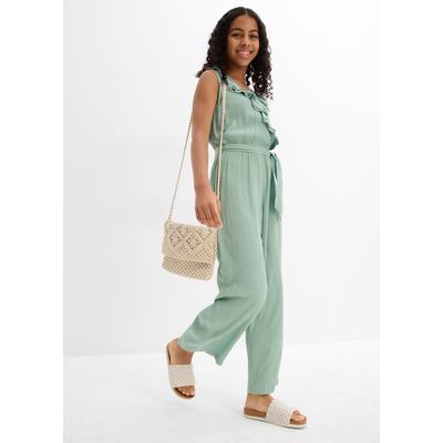 Jumpsuit BONPRIX, Mädchen, Gr. 170, N-Gr, pastellgrün, Obermaterial: 100% Viskose, festlich, regular fit, Overalls Jumpsuit, fließender Schnitt, mit V-Ausschnitt und Rüschen, aus Viskose