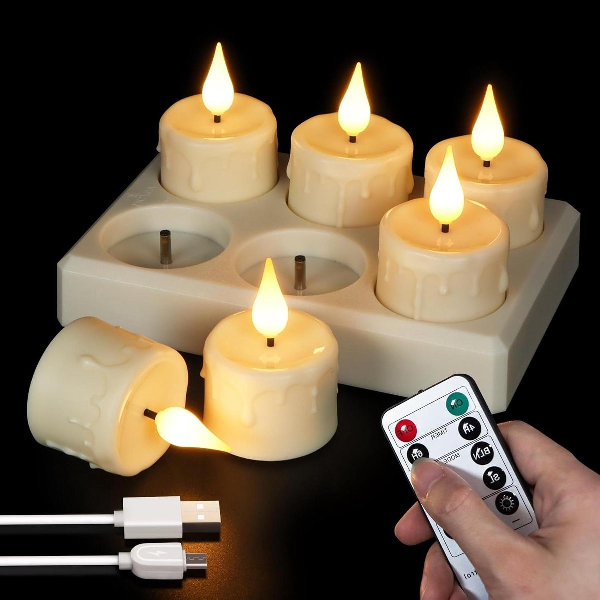 Set van 6 oplaadbare LED theelichtjes met afstandsbediening - Warm wit