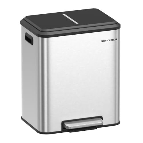 SONGMICS Keukenafvalemmer met dubbele binnenemmer voor afvalscheiding, 2 x 15 liter, roestvrij staal, metallic zilver, LTB544E01