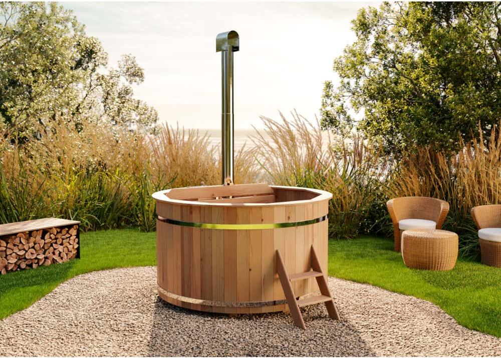 FinnTherm Holz Badefass Bergen Ø 200 cm inkl. Ofen, Einstiegsleiter & Bänke