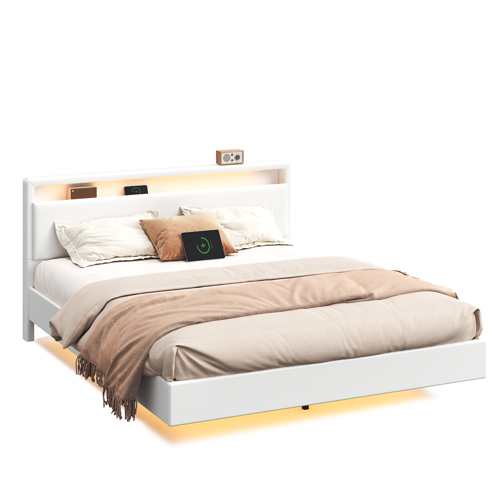 VASAGLE Bettgestell mit LED-Beleuchtung und Ladestation 160 x 200 cm RMBB35865W01
