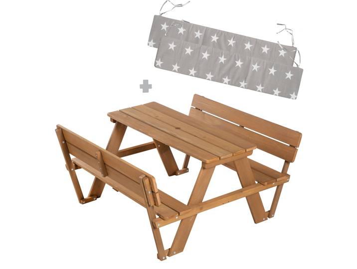 Kindersitzgruppe 'Outdoor+' mit 2 Bänken + Tisch 'Picknick for 4' - Massivholz wetterfest - Teak