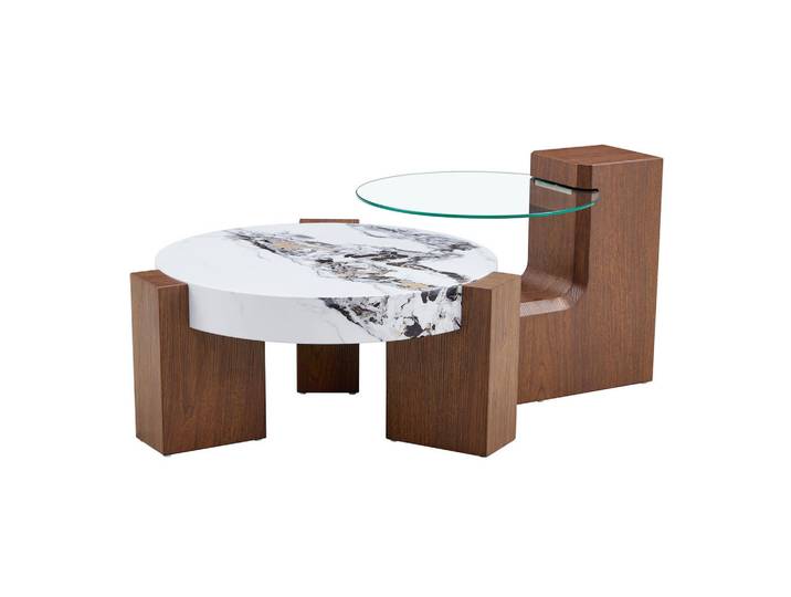 Evryae Couchtisch Glas MDF Marmoroptik rund zweistöckig L-Beine 2 in1 flexibel, Walnussfarben, Weiß, Rund,Rund, Sockel, 61x30x61 cm, Wohnzimmer, Wohnzimmertische, Couchtische
