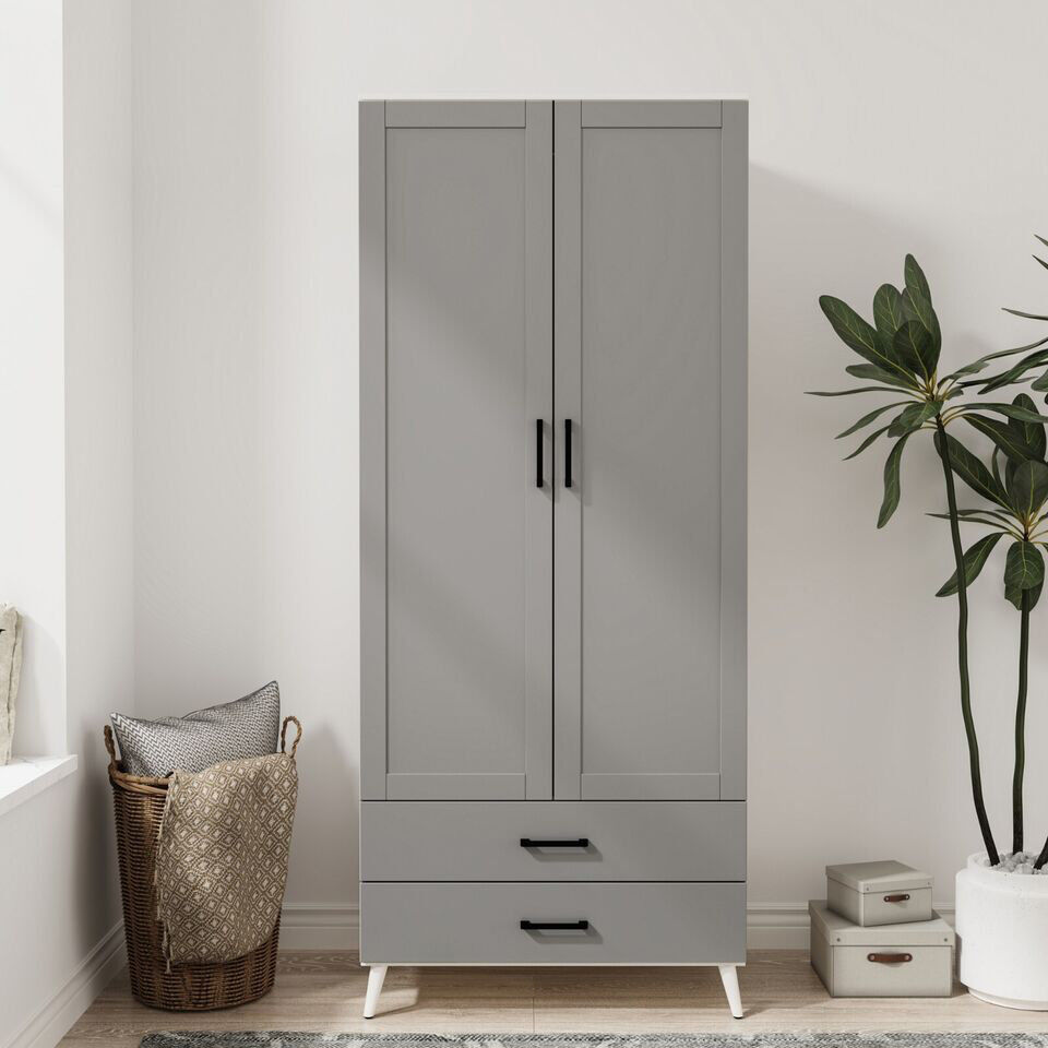 Lark Manor Bosse Solid Wood Wardrobe White Grey 180cm H X 75cm W X 116.84cm D