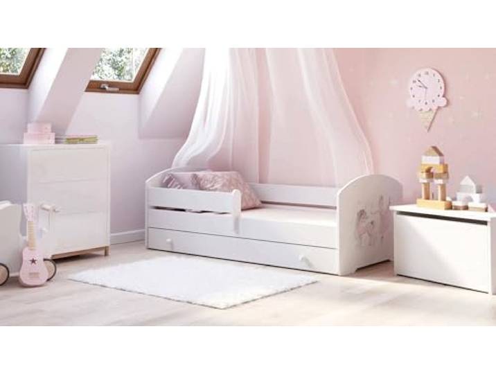 Dmora - Kinderbett Lodz, Kinderbett für Schlafzimmer, Einzelbett mit Kommoden, Struktur mit ausziehbarem Bett, 77x144 h56 cm, Weiß mit Einhorn