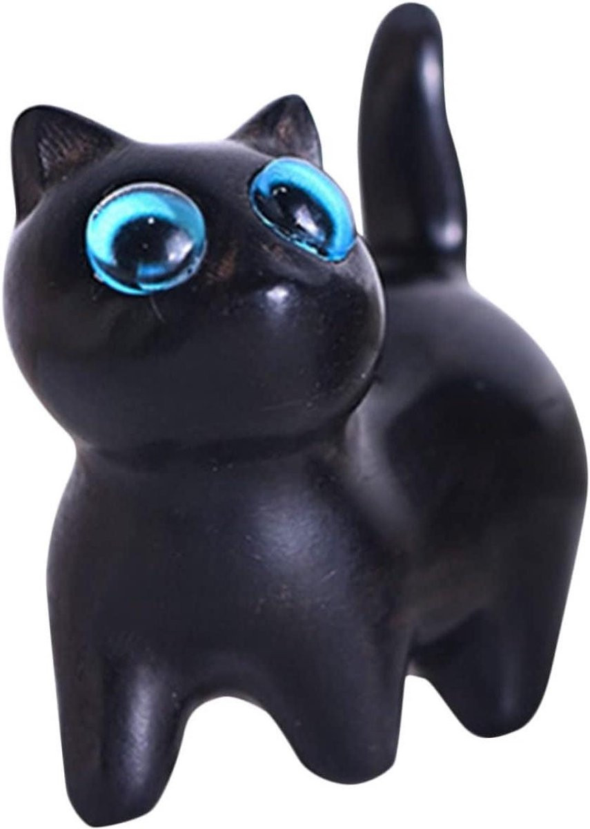 Zwart houten kattenbeeldje voor op tafel als decoratief dierenfiguur