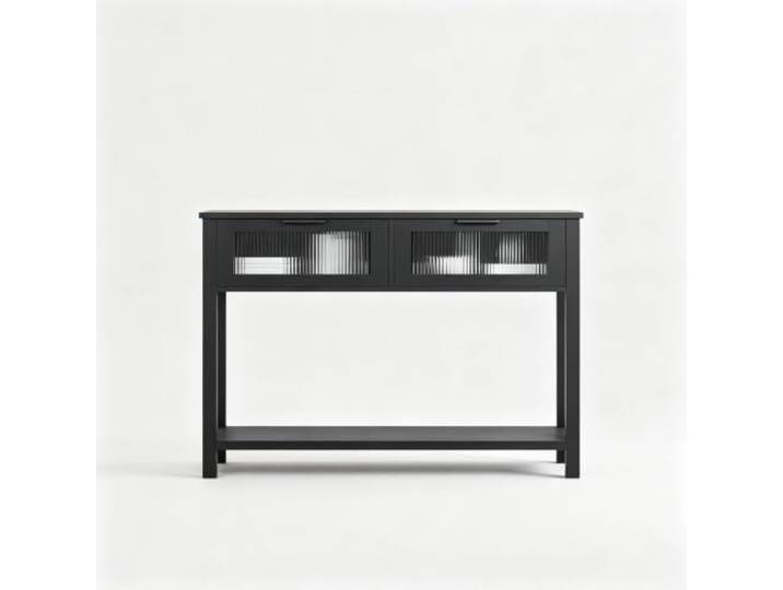 Koioplie Konsolentisch Landhaus Holz Metall 2 Glasschubladen Regal Schwarz 2 Schubladen, zweistufiges Design, zusätzliche Ablage, hinter dem Sofa