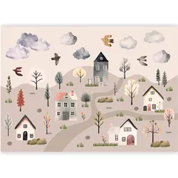 Artgeist, Tapete, Fototapete - Scandinavian Valley - Village in Pastel Colours Painted in Watercolours (400 x 280 cm)