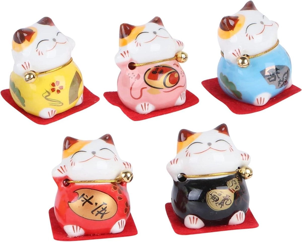 Set van 5 witte keramische Maneki Neko kat ornamenten voor feng shui decoratie