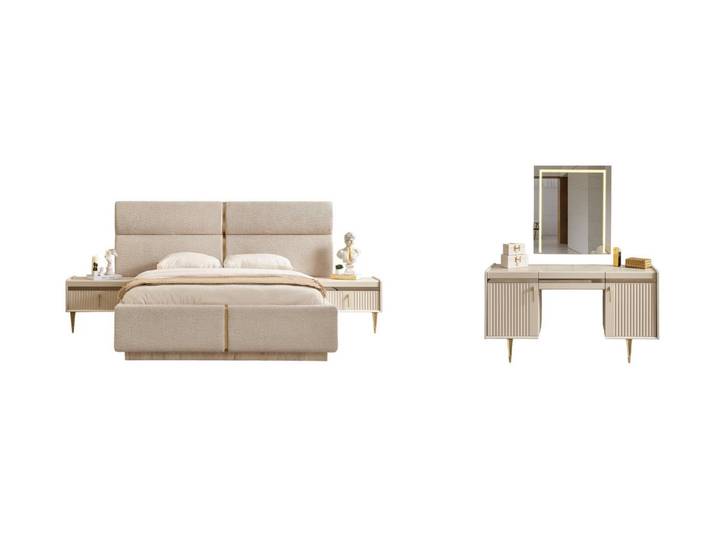Villa Möbel Schlafzimmer-Set Tesla, (Schlafzimmer-Set, 4-tlg., Bett mit Kopfteil, 2 Nachttische und Kommode), Polsterbett mit LED Licht sorgt für ruhige Abendstimmung