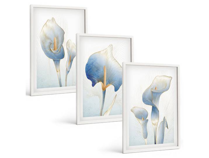 Tulup Bilder SET 3er Set - 40x60 cm Weißer Rahmen - Blaue Blumen im Hintergrund, Kunststoff, Rechteckig, 40x60 cm, Fotografie, Bilder & Rahmen, Bilder