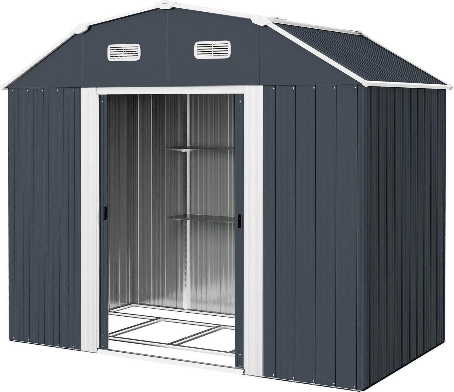 Gerätehaus Stahl 2,7M² Geräteschuppen Uv-Schutz Gartenschrank 2 Schiebetüren Regal Fundament Dunkelgrau 238X132X198,5Cm