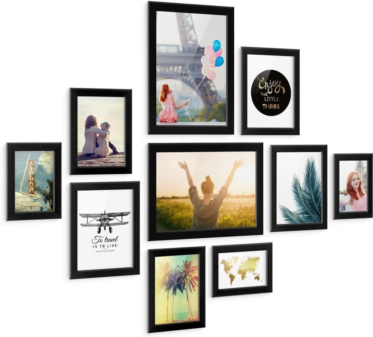 Set van 10 zwarte fotolijsten voor een collage aan de muur inclusief accessoires